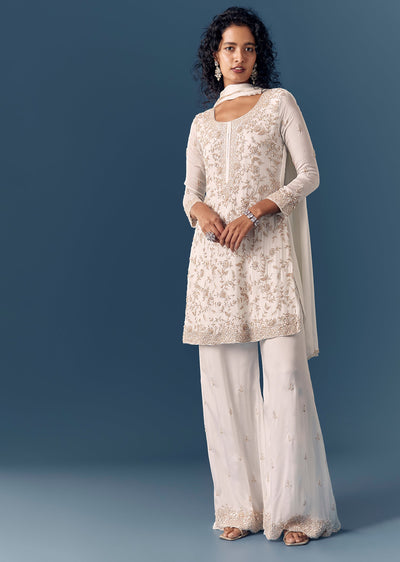 White Cut Dana Kurta Palazzo Set With Dupatta