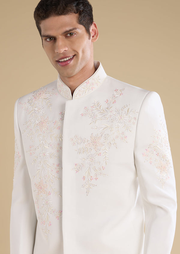White Embroidered Jodhpuri Set With Pants