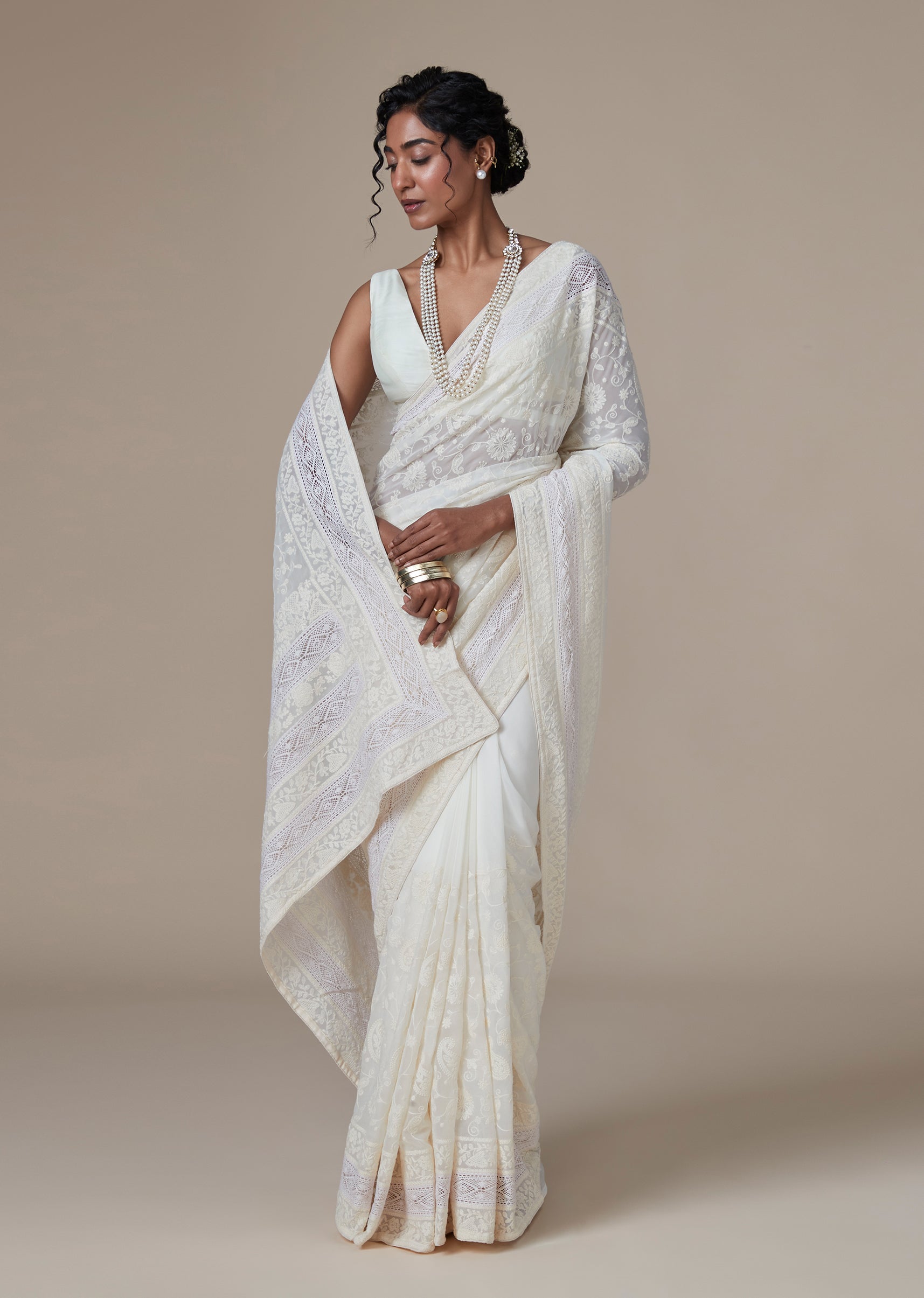 White Georgette Chikankari Saree With Resham Jaal Embroidery