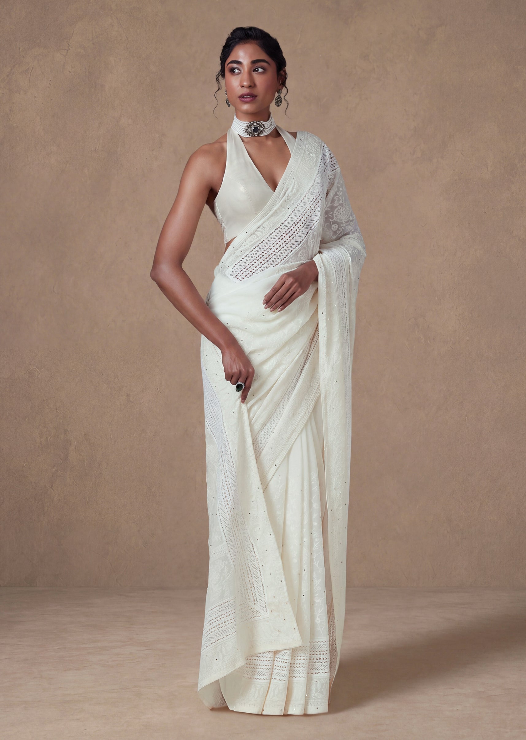 White Georgette Chikankari Saree With Unstitched Blouse