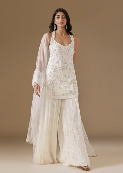 White Georgette Embroidered Halter Neck Sharara Suit Set