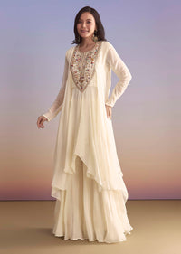 White Georgette Palazzo Suit With Resham and Sequins Embroidery
