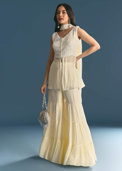 White Georgette Peplum Kurta Sharara Set With Beads And Sequins