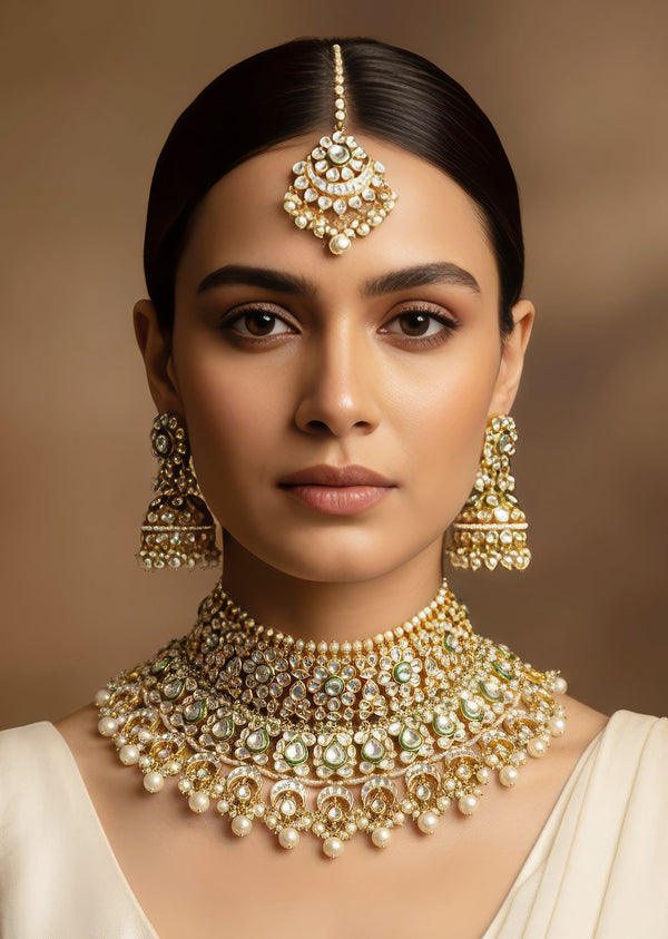 White Gold Necklace Set With Elegant Kundan Detail