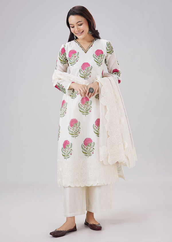 White Chanderi Hand Block Print Kurta Set With Zardosi Accents And Cutwork Dupatta
