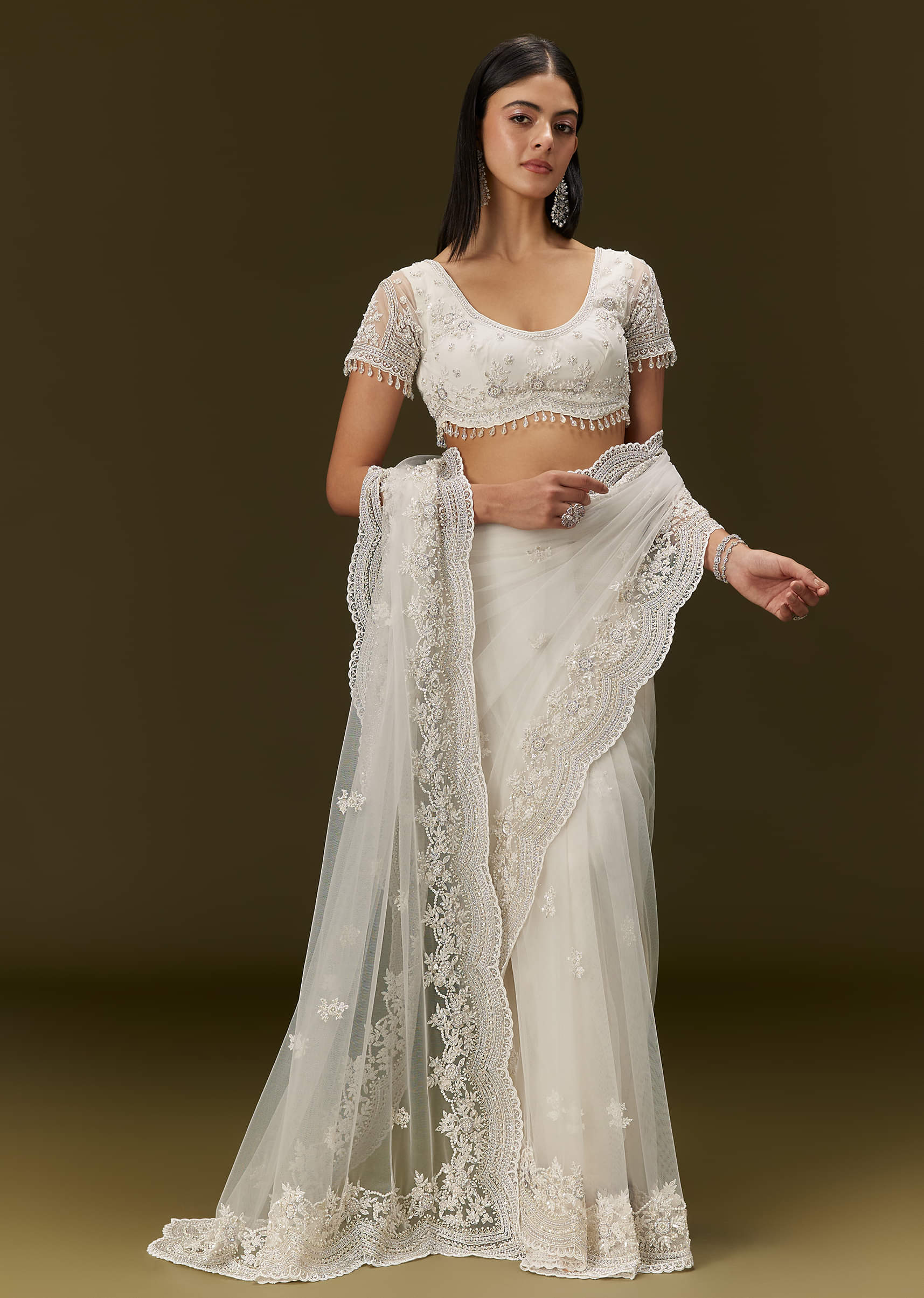 Buy White Net Saree With All Over Embroidery| KALKI Fashion USA