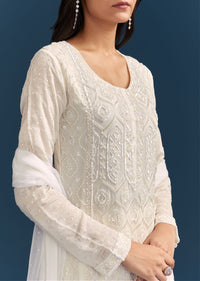 White Pakistani Sharara Suit With Sequin Details And Dupatta