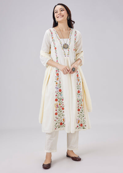 White Mulmul Embroidered Anarkali Set With Dupatta
