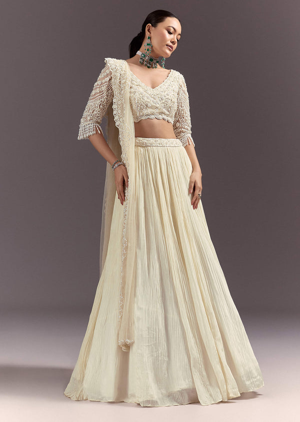 White Rushed Lehenga Set With Cape Dupatta