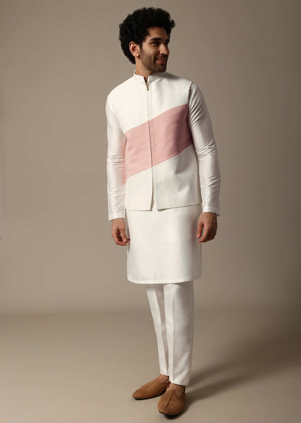 White And Pink Pintuck Kurta Jacket Set For Men
