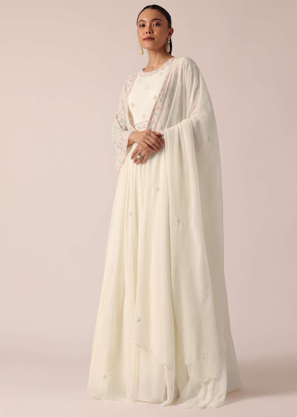 White Embroidered Jacket And Anarkali Set With Sequin Work