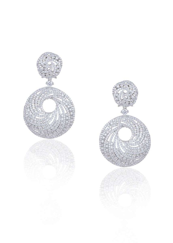 White Finish Long Earrings In A Modern Geometric Design With Faux Diamonds By Aster