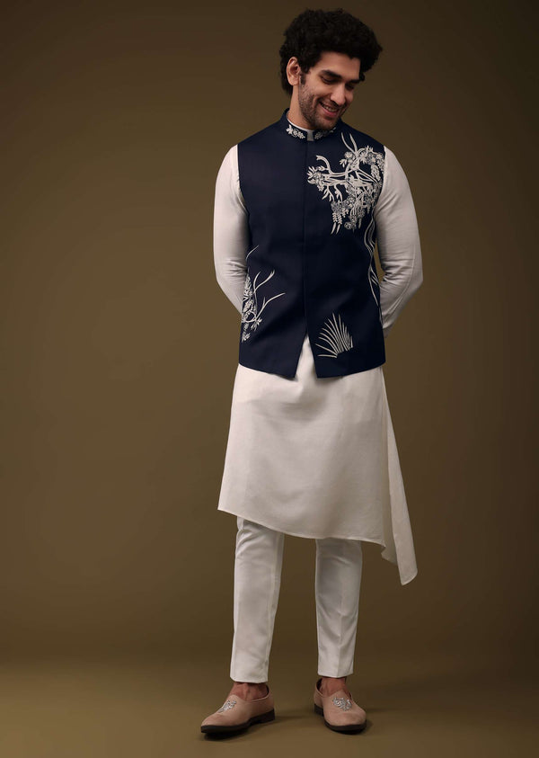 White Jacket Kurta Set In Silk With Threadwork