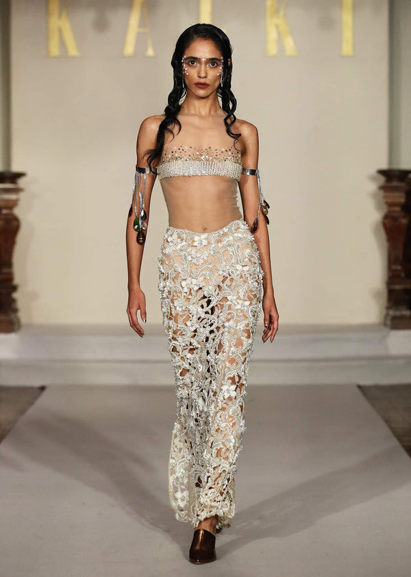 White Net Bridal Indo Western Skirt Set With Delicate Embroidery