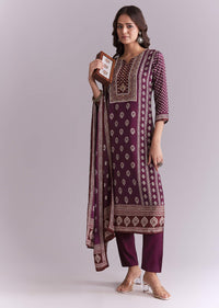 Wine Crepe Kurta Set With Indie Print And Moti Work