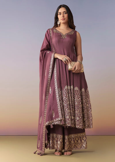 Wine Embellished Anarkali Suit Set With Pant And Dupatta