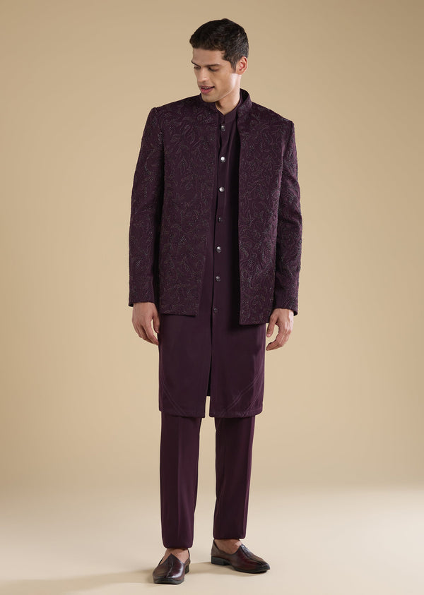 Wine Embellished Jodhpuri Set With Kurta And Pants