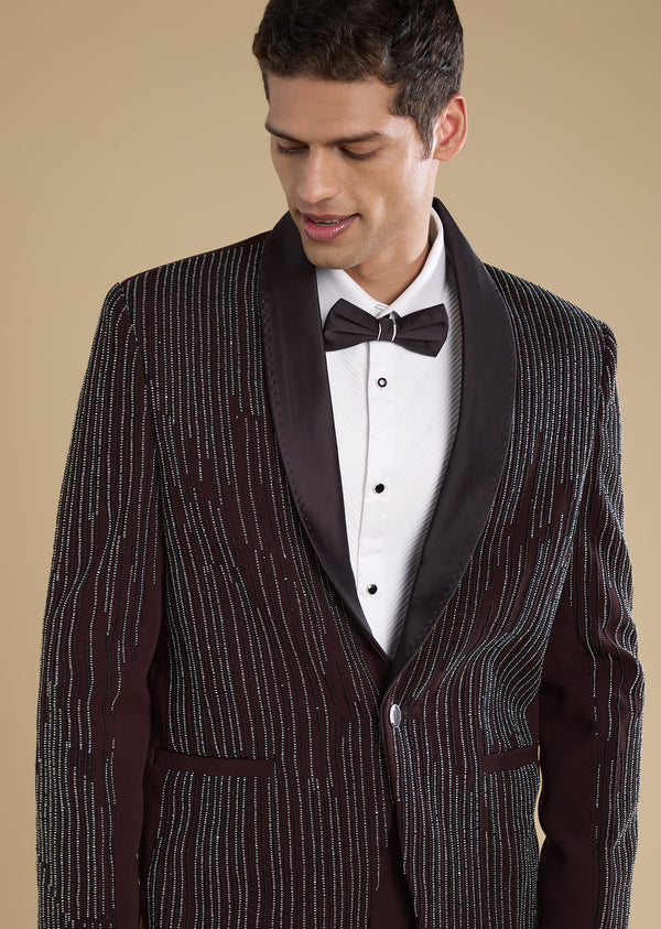 Wine Embellished Tuxedo Set With Bow Shirt And Trousers