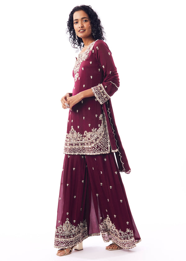 Pakistani Wine Embroidered Palazzo Suit Set With Dupatta