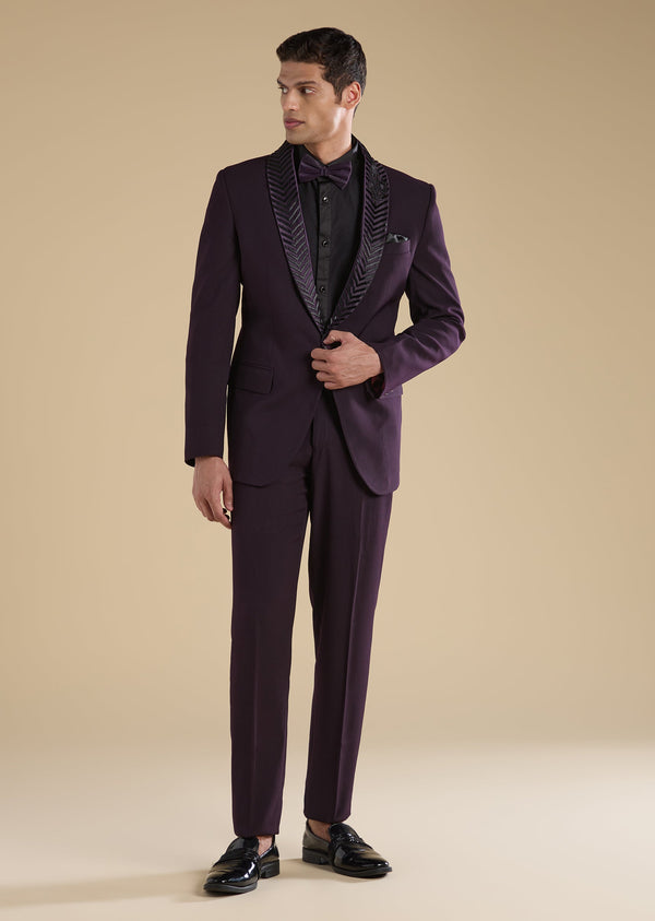 Wine Embroidered Tuxedo Set With Bow Shirt And Trousers