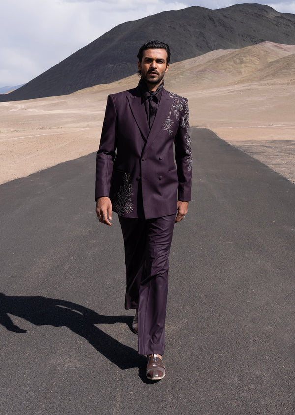 Wine Floral Embroidered Double Breasted Tuxedo Set