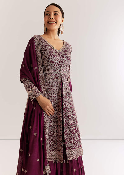 Wine Georgette Kurta Set With Zari And Resham Work
