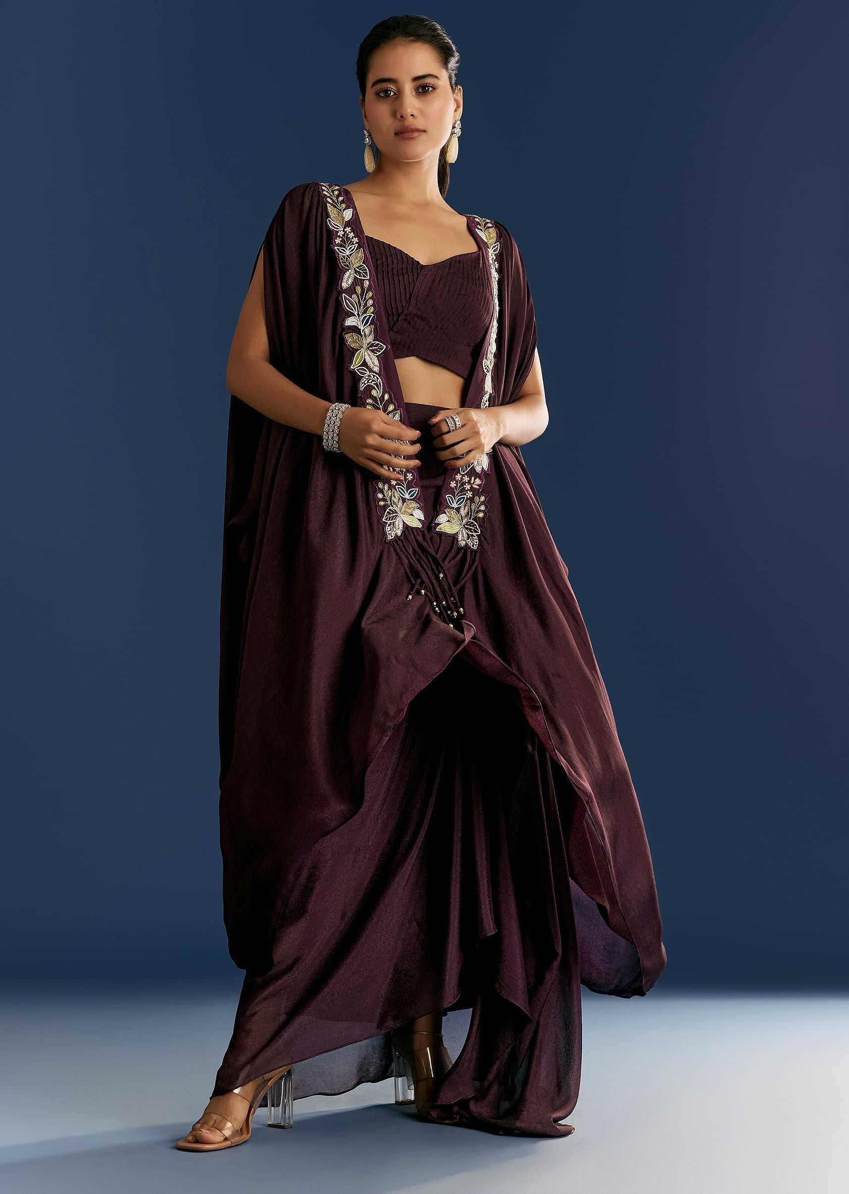 Wine Georgette Pintuck Croptop And Fancy Skirt With Embroidered Cape