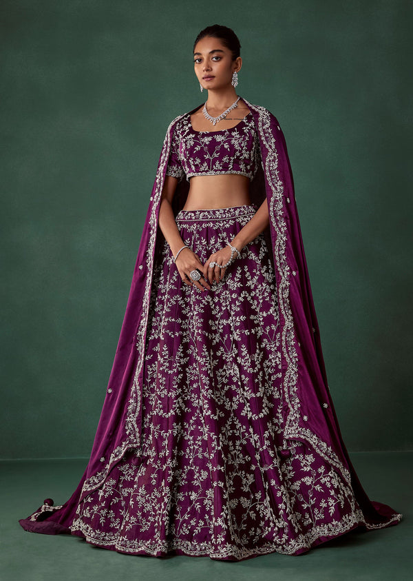 Wine Hand Embroidered Beaded Bridal Lehenga Set