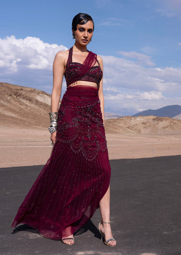 Wine Hand Embroidered Draped Saree Set With Front Slit