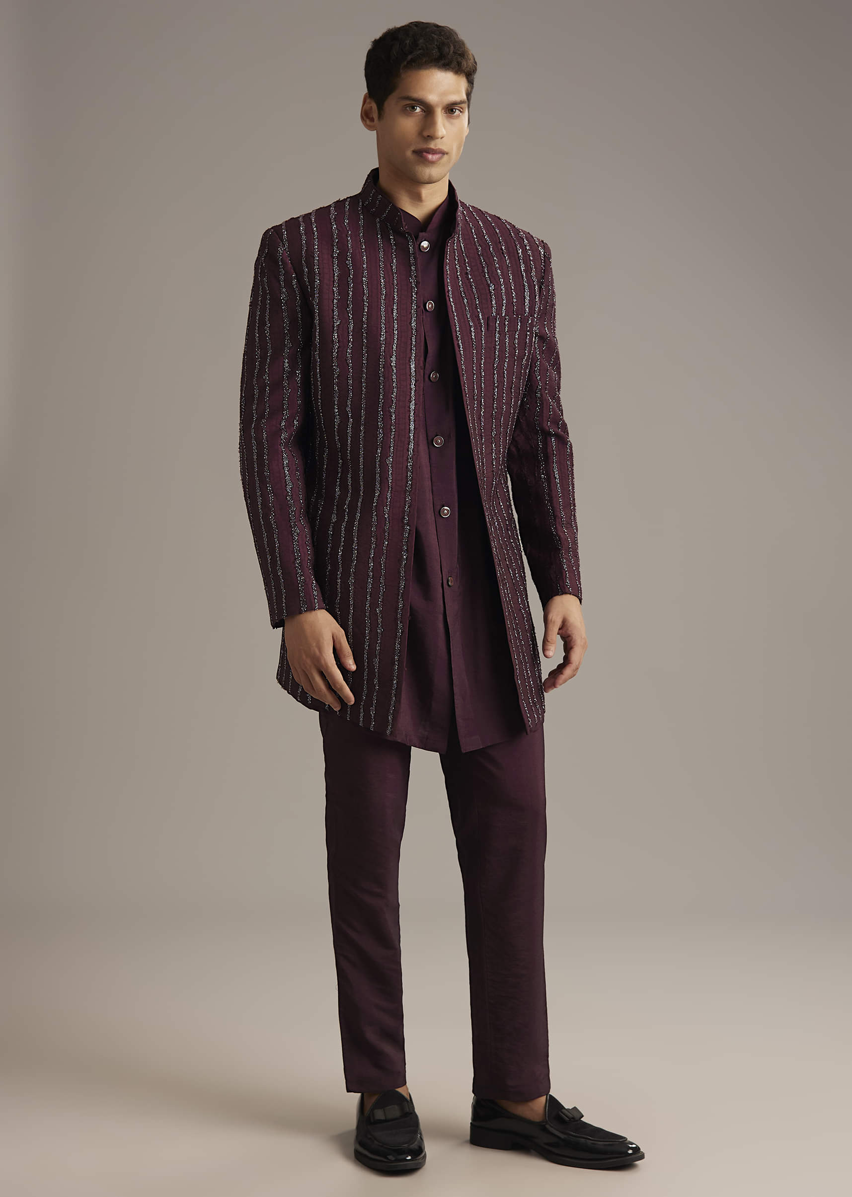 Wine Indo Western Set For Men With Cutdana Embroidery
