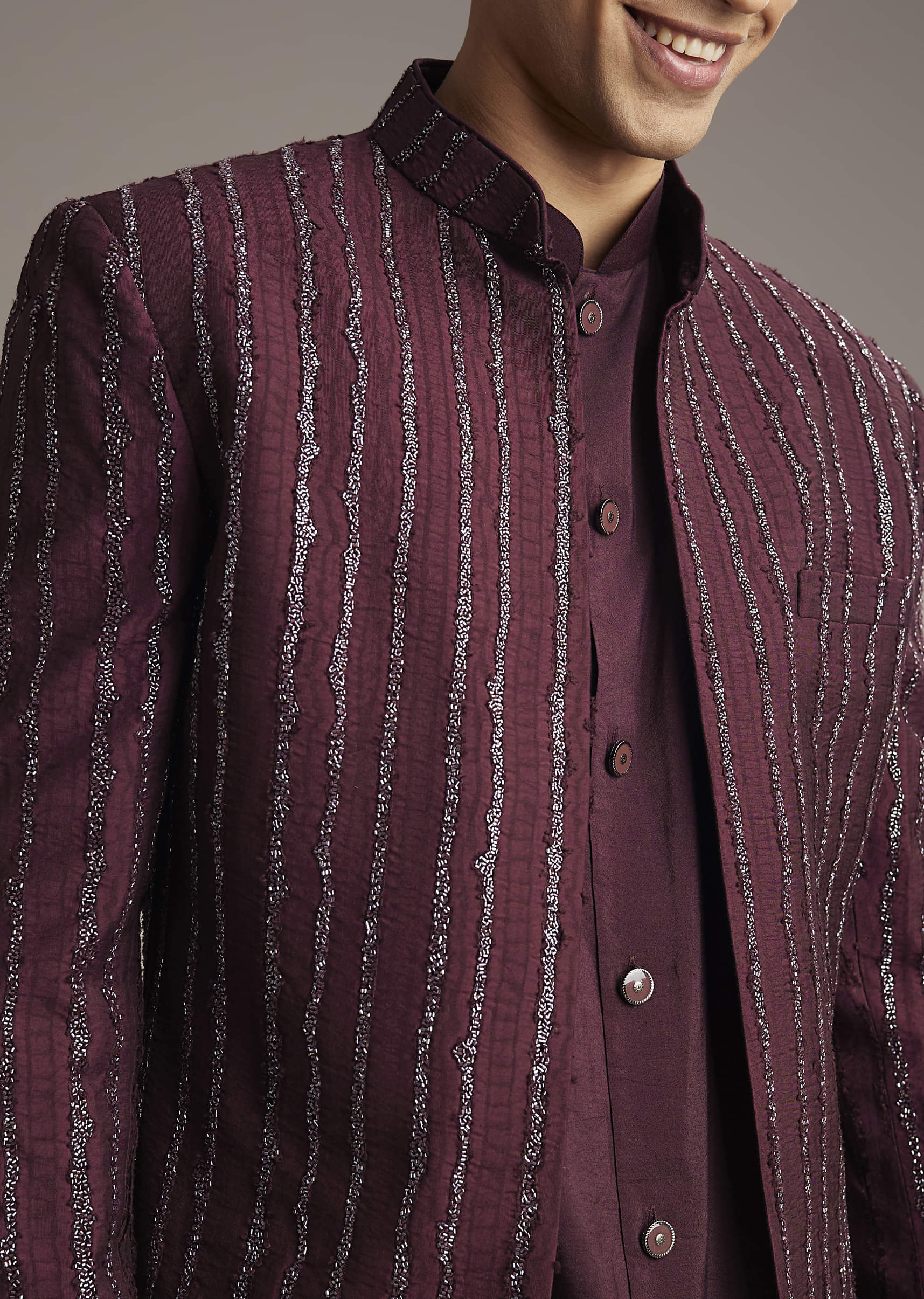 Wine Indo Western Set For Men With Cutdana Embroidery