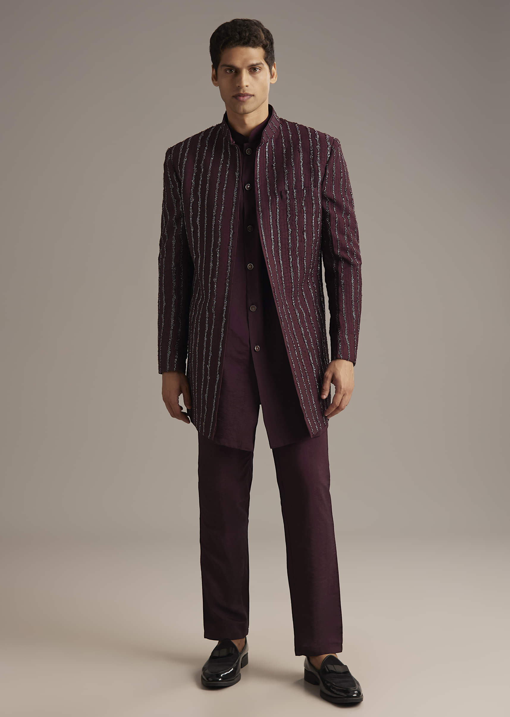 Wine Indo Western Set For Men With Cutdana Embroidery