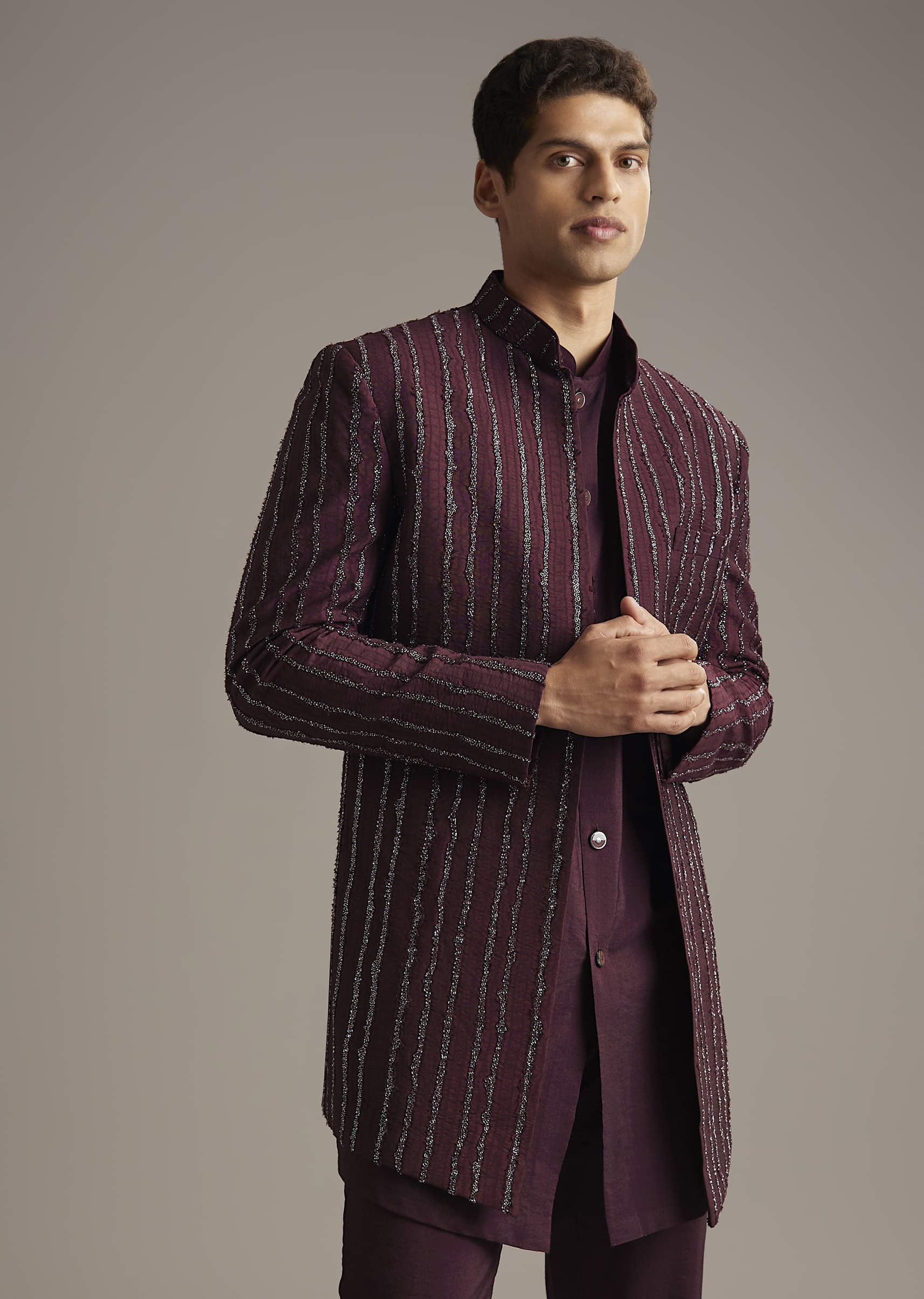 Wine Indo Western Set For Men With Cutdana Embroidery