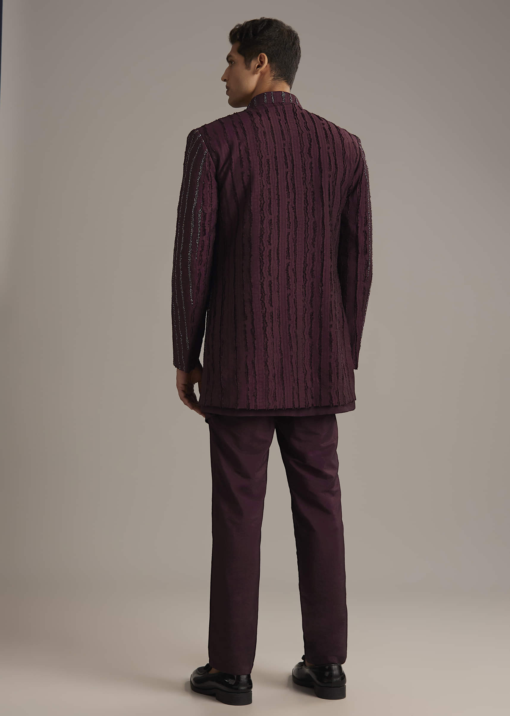 Wine Indo Western Set For Men With Cutdana Embroidery