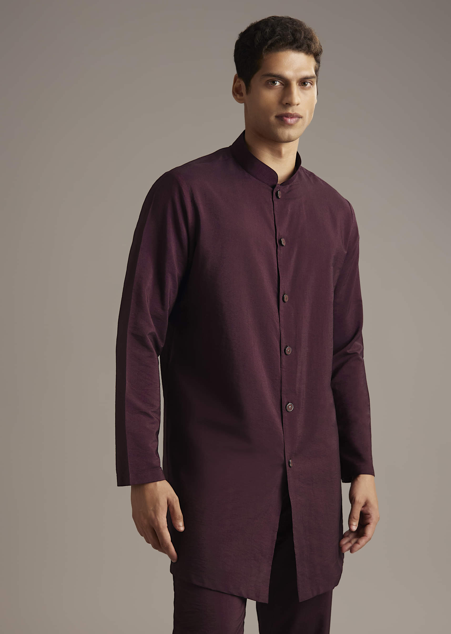 Wine Indo Western Set For Men With Cutdana Embroidery