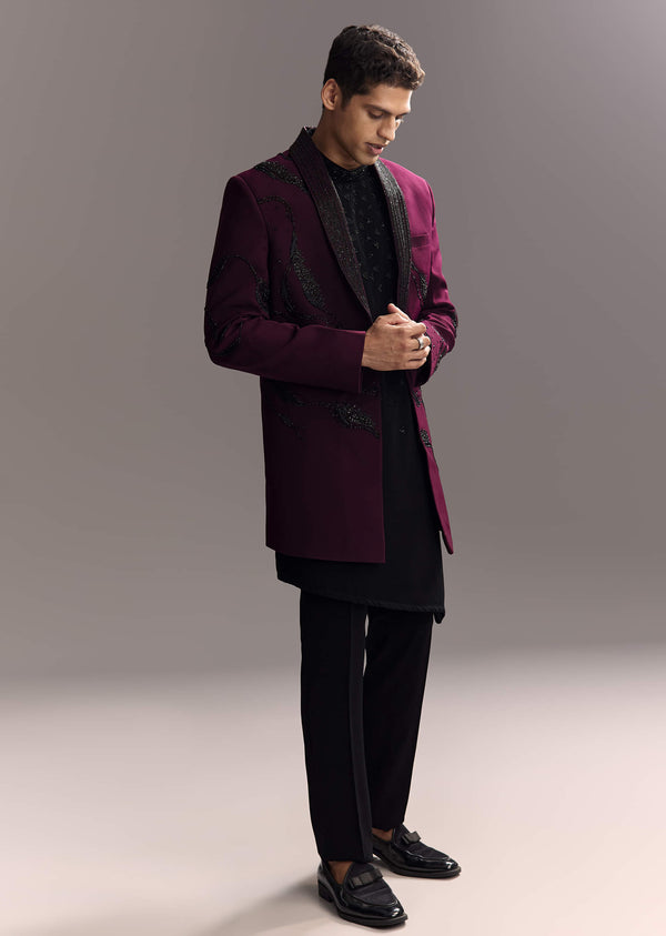 Wine Indo Western Set For Men With Heavy Hand Work