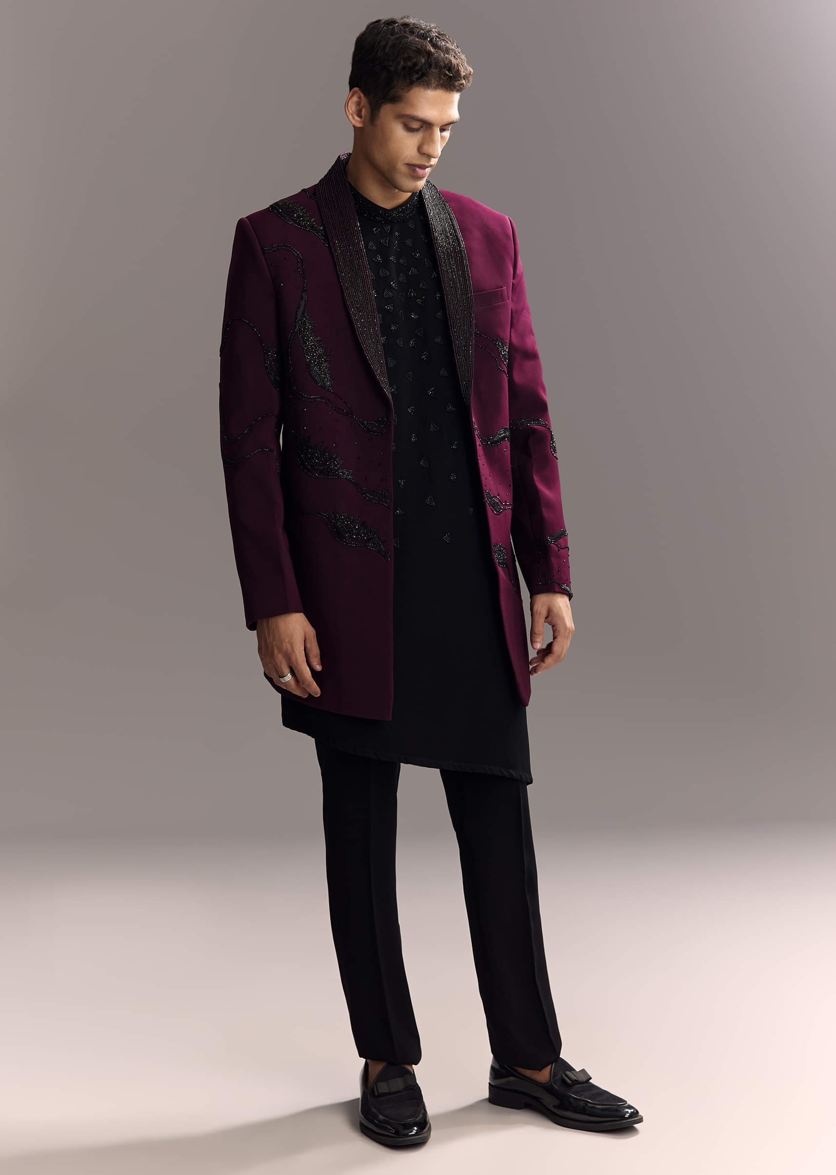 Wine Indo Western Set For Men With Heavy Hand Work