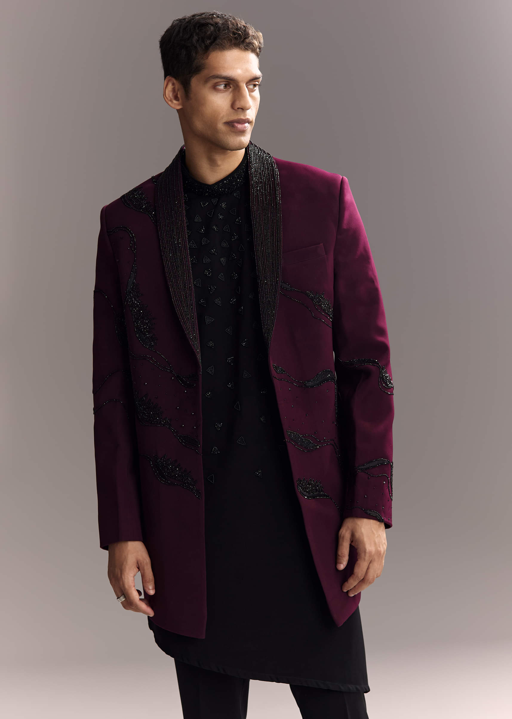 Wine Indo Western Set For Men With Heavy Hand Work