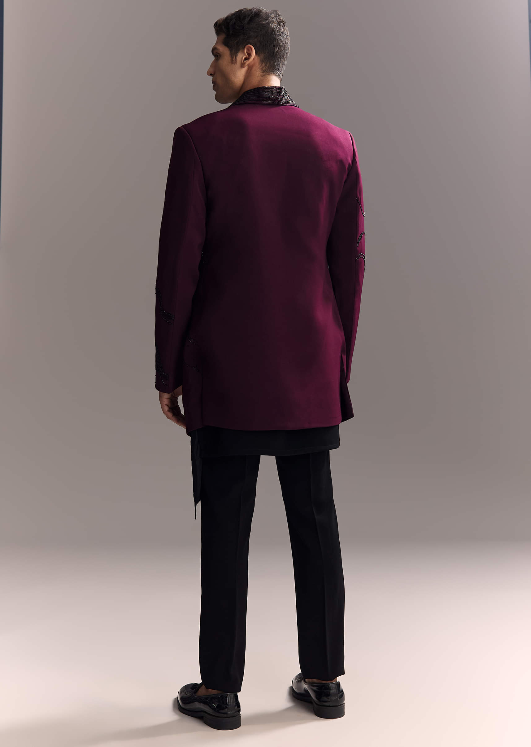 Wine Indo Western Set For Men With Heavy Hand Work