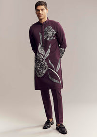 Wine Kurta Set For Men With Floral Print And Beads Work On Suiting Fabric