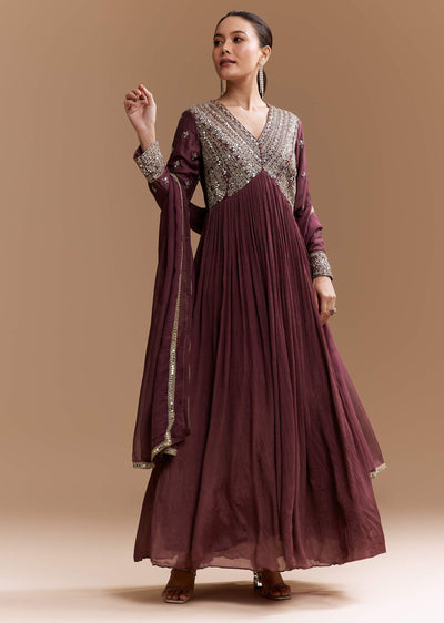 Wine Mirror Embroidered Chinnon Anarkali with Dupatta