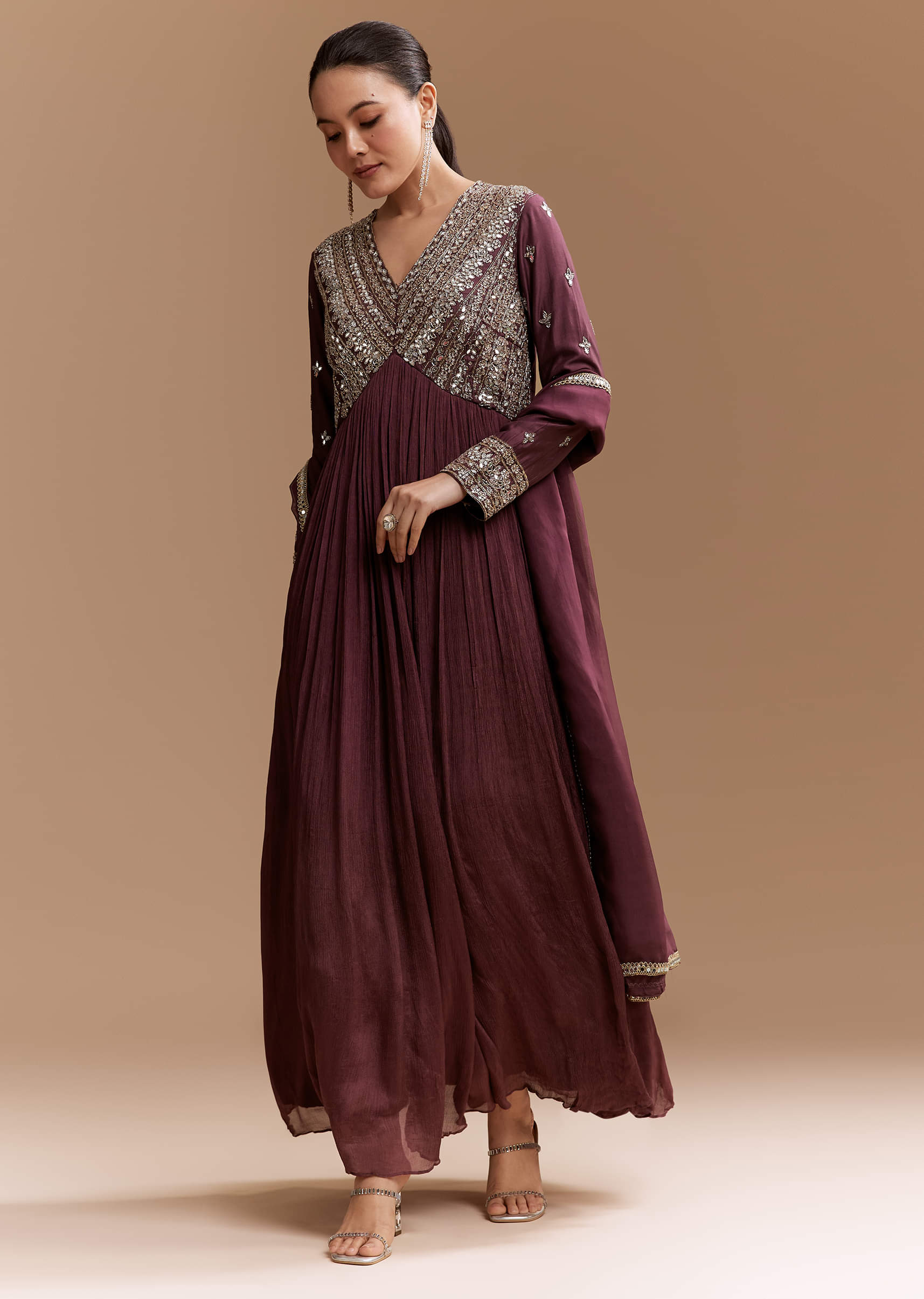 Wine Mirror Embroidered Chinnon Anarkali with Dupatta