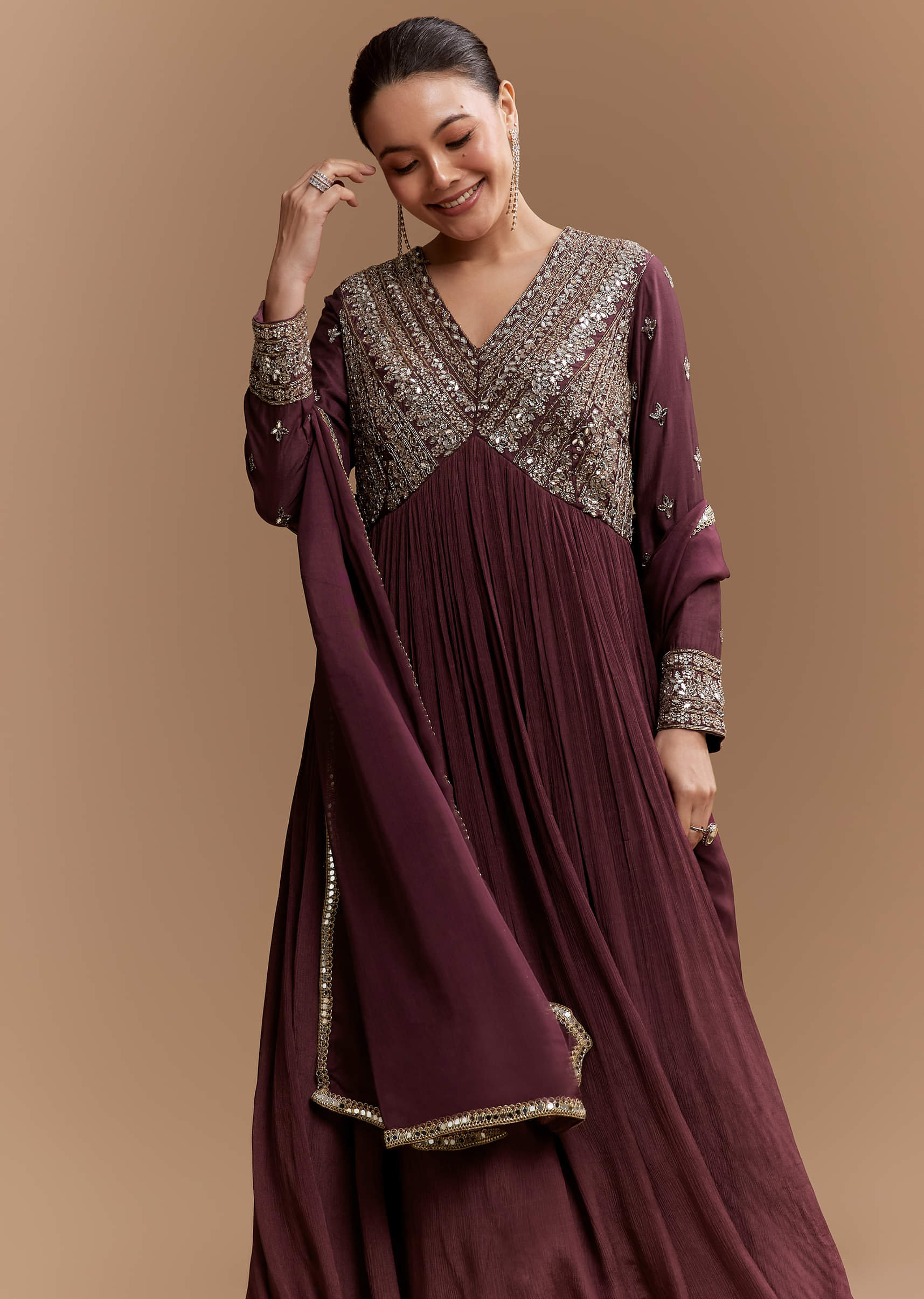 Wine Mirror Embroidered Chinnon Anarkali with Dupatta