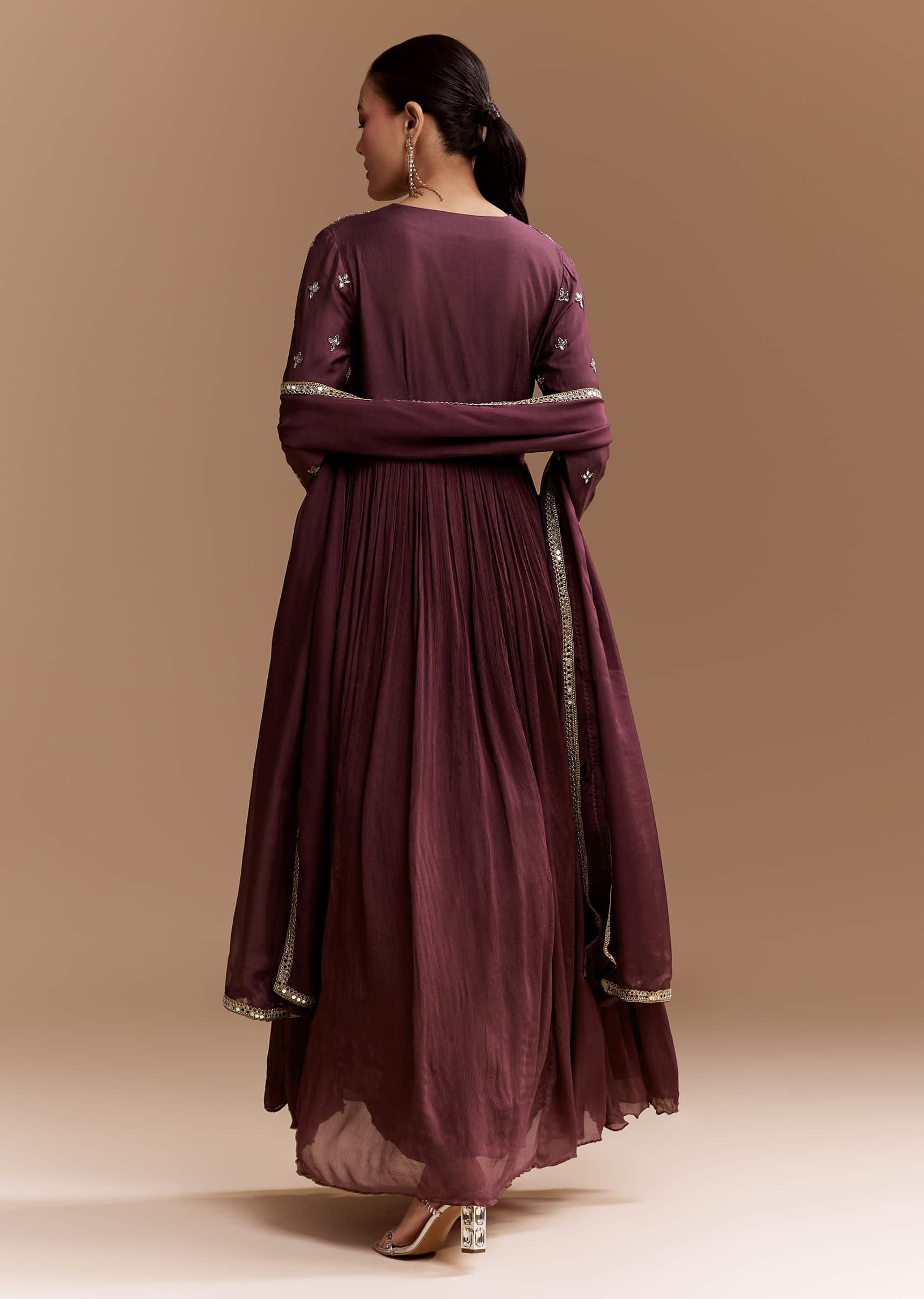 Wine Mirror Embroidered Chinnon Anarkali with Dupatta