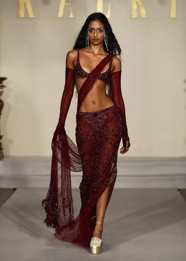 Wine Net Bridal Indo Western Fishcut Skirt Set With Hand Embroidery