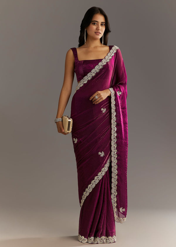 Wine Satin Embroidered Saree With Gota Patti And Zardosi Work