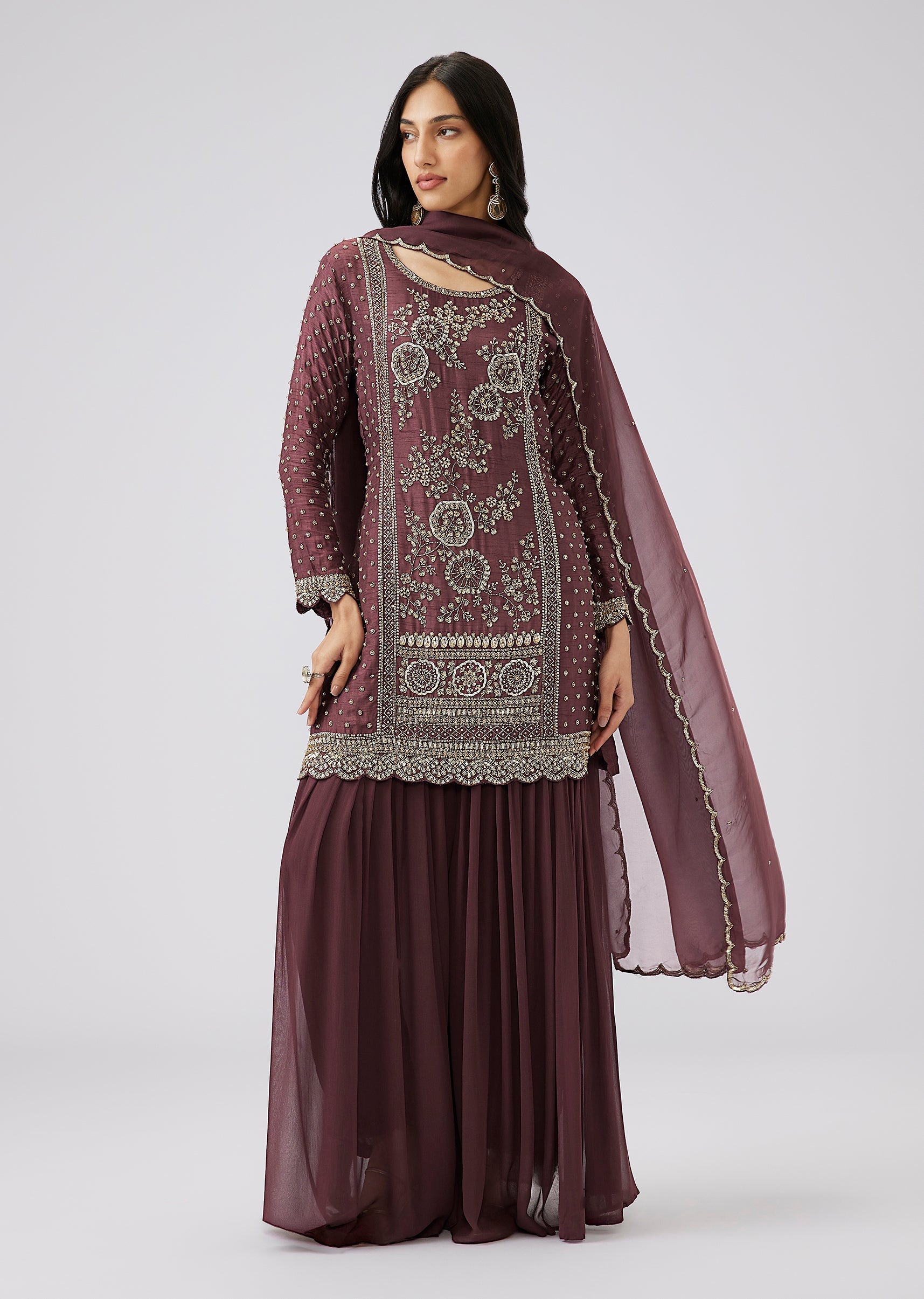 Wine Silk Sequin Embroidered Palazzo Suit Set