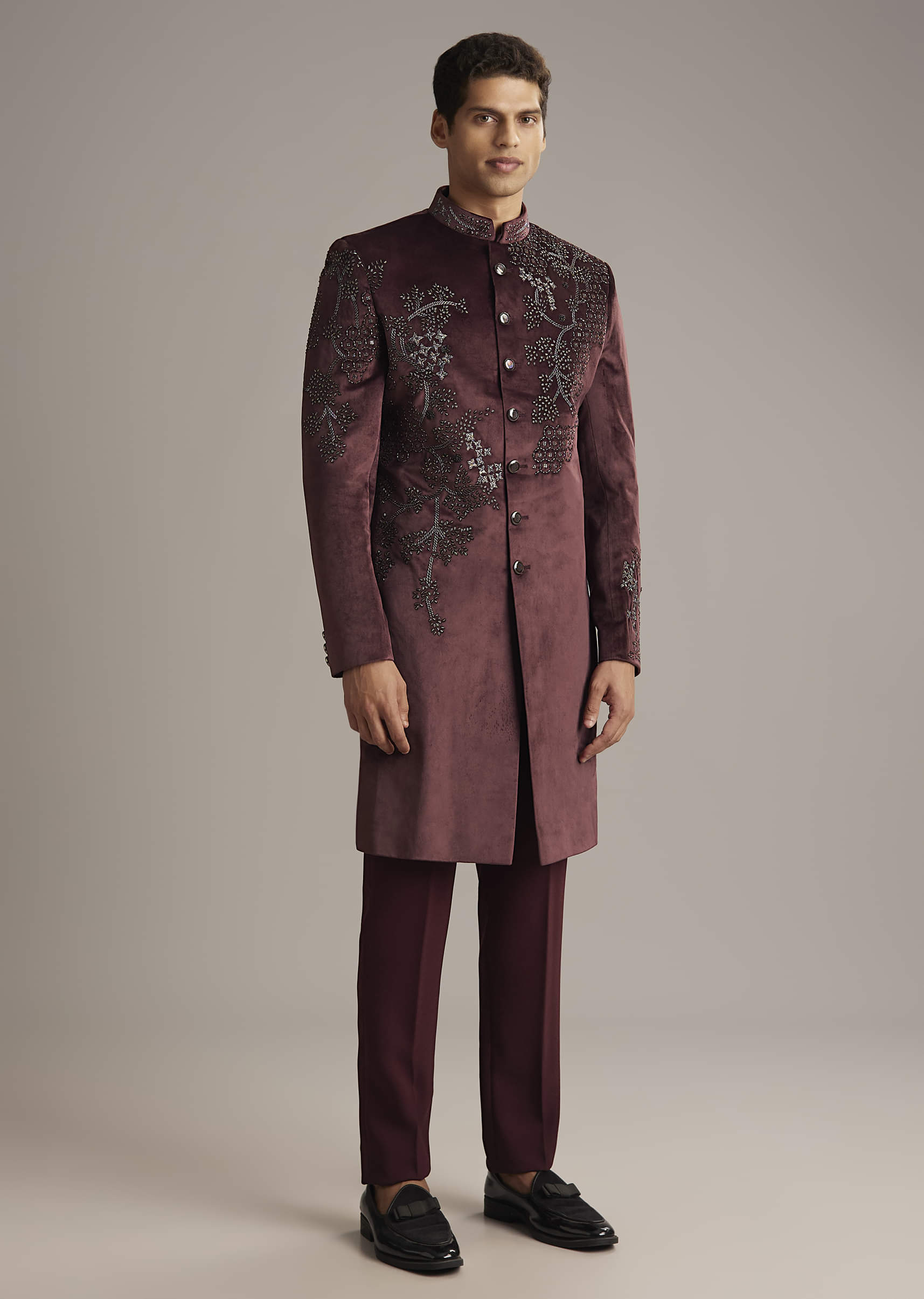 Wine Velvet Indo Western Set For Men With Intricate Hand Embroidery
