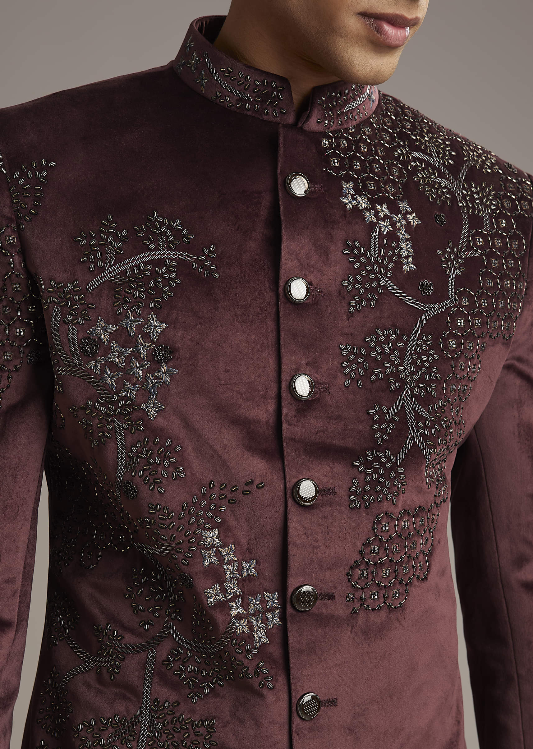 Wine Velvet Indo Western Set For Men With Intricate Hand Embroidery