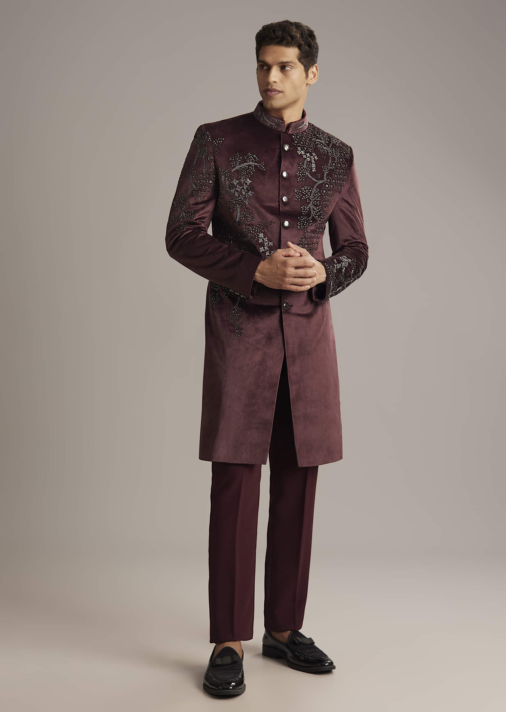 Wine Velvet Indo Western Set For Men With Intricate Hand Embroidery